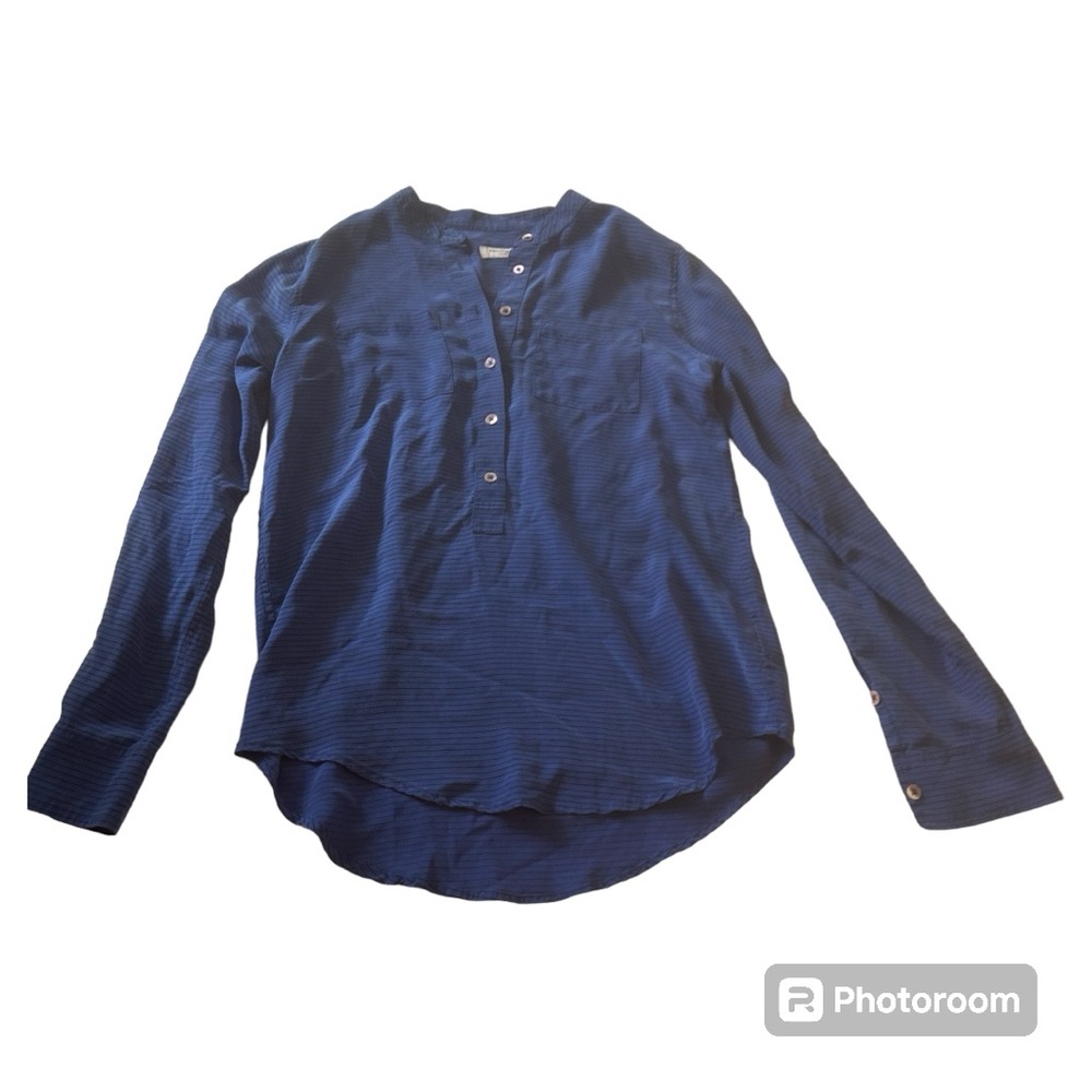 Equipment royal blue black striped long sleeve blouse top 100% silk